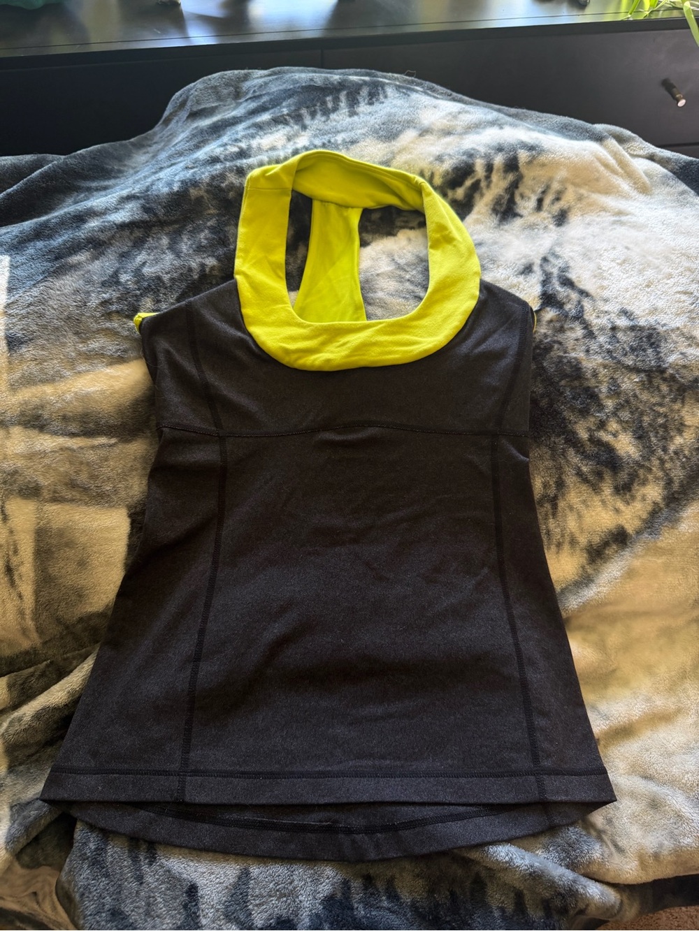 lululemon athletica Black Tank with Neon Lime Cowl Neck